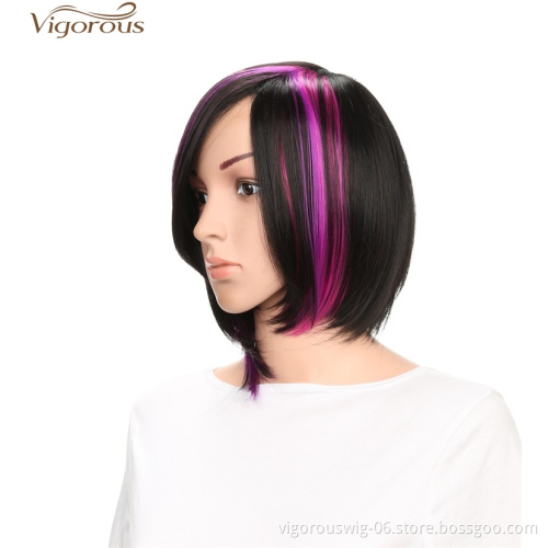 Vigorous Black Mix Purple Silky Straight Wigs With Part Side Bangs For Women Synthetic Fiber Heat Resistant Glueless Hair Wigs